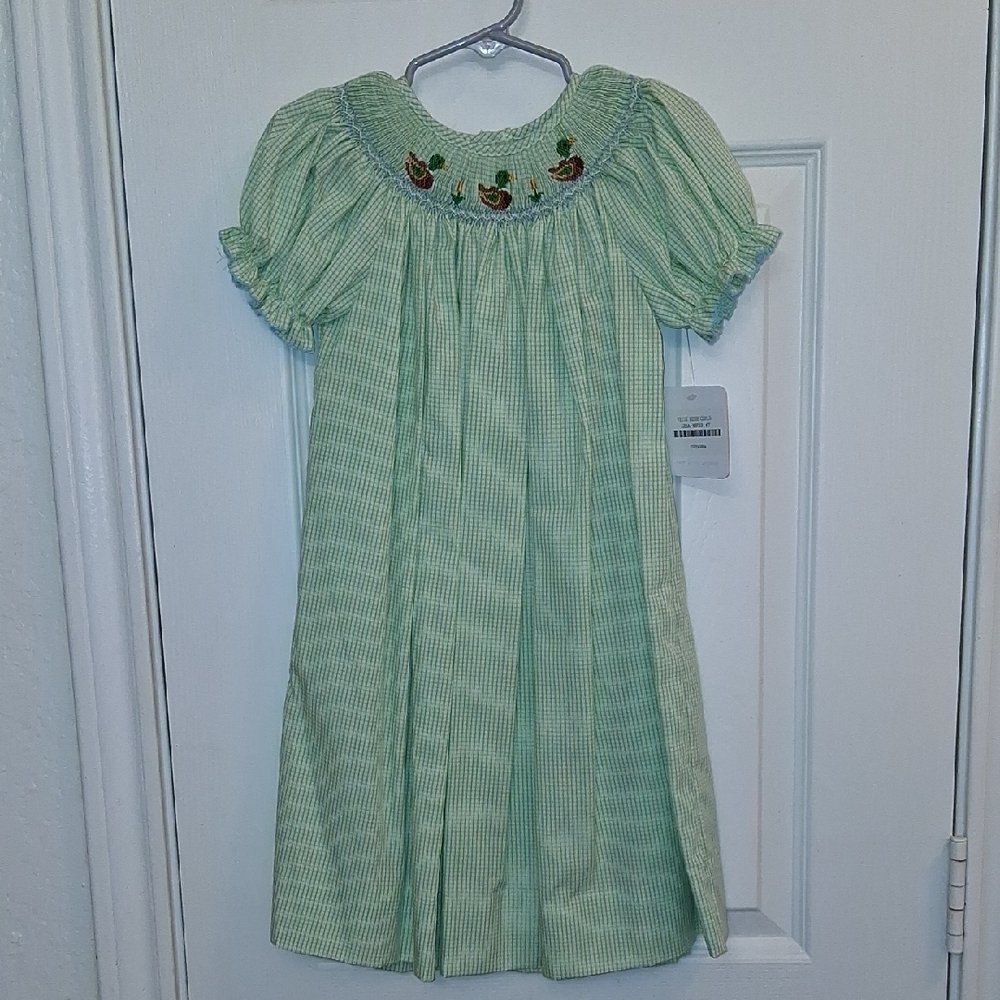 Petit Bebe Girls Duck Green Checkard Kids Dress